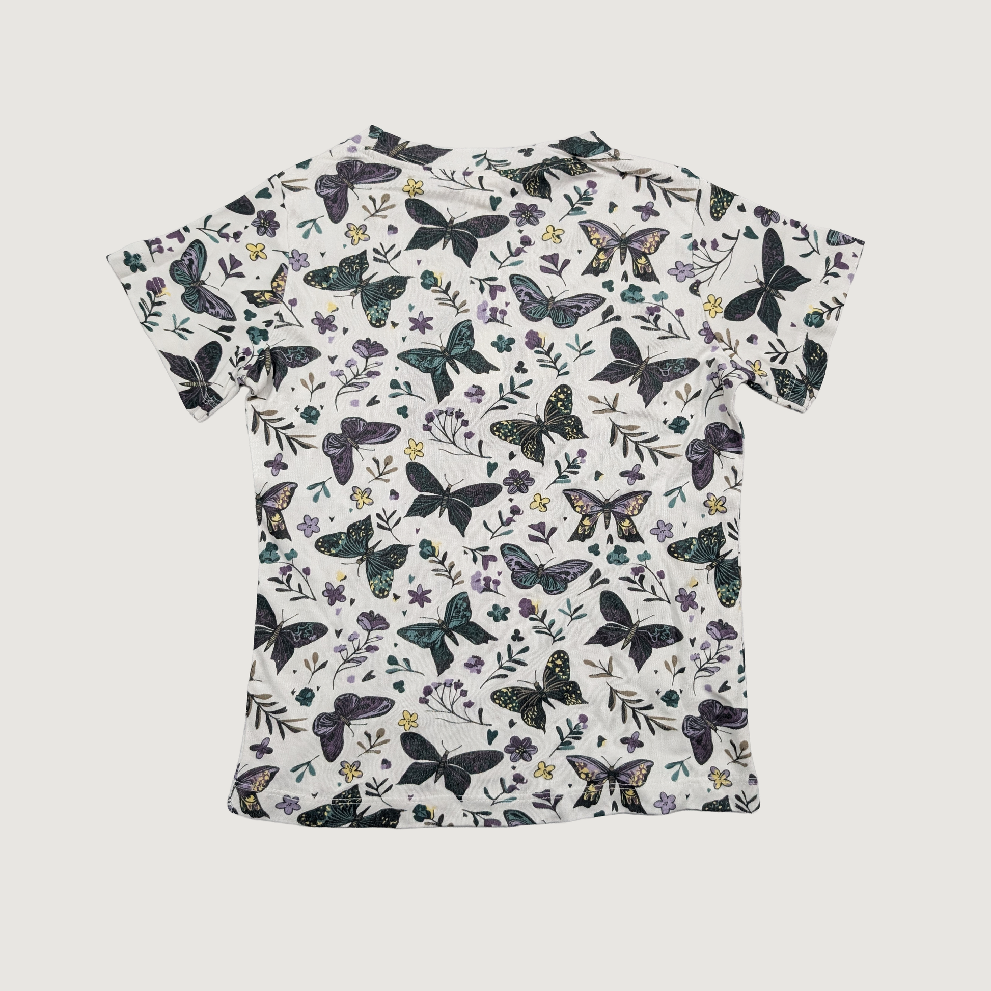 TENCEL Modal T-shirt with dark butterfly pattern on a white background