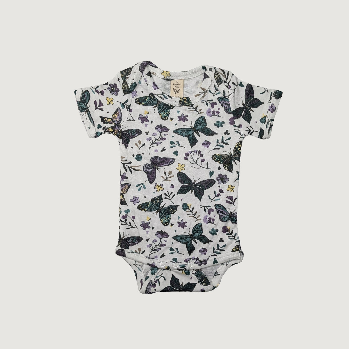 Baby onesie with dark butterfly and floral pattern tencel modal