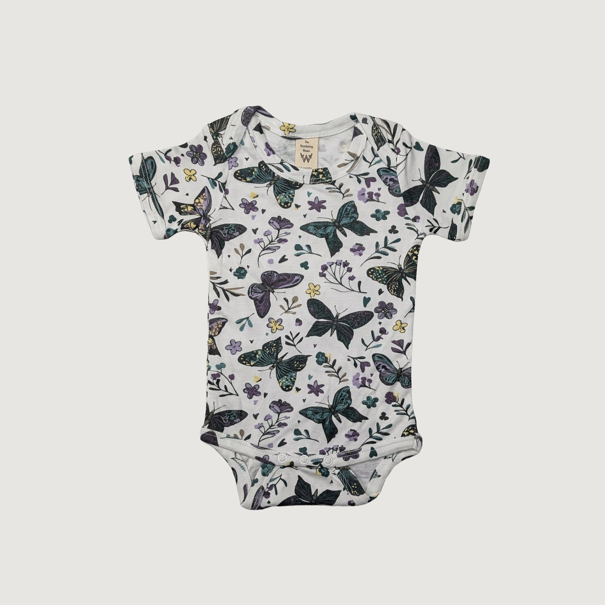 Baby onesie with dark butterfly and floral pattern tencel modal