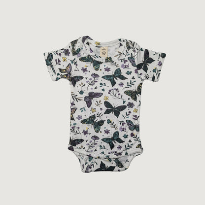 Baby onesie with dark butterfly and floral pattern tencel modal