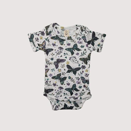 Baby onesie with dark butterfly and floral pattern tencel modal