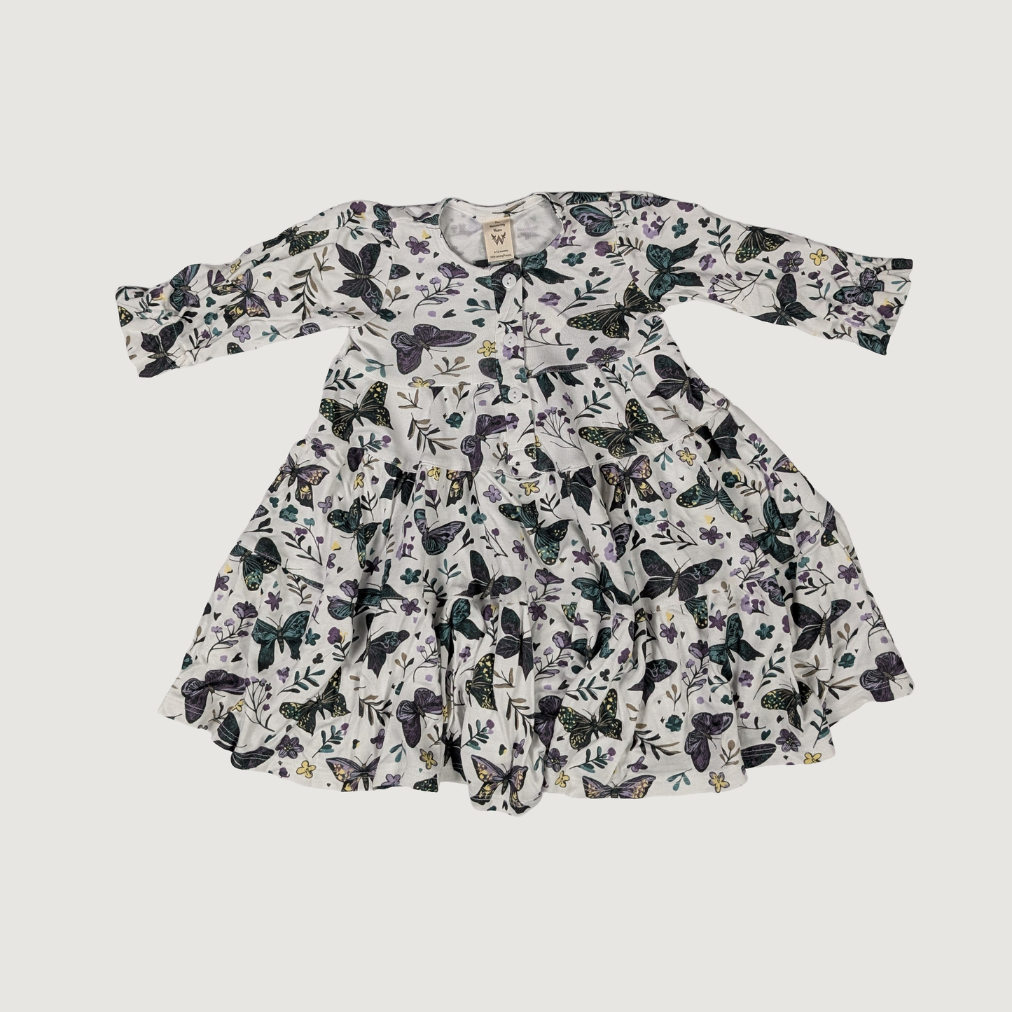 Anne dress with a pattern of dark butterfly floral henley long sleeve kids dress