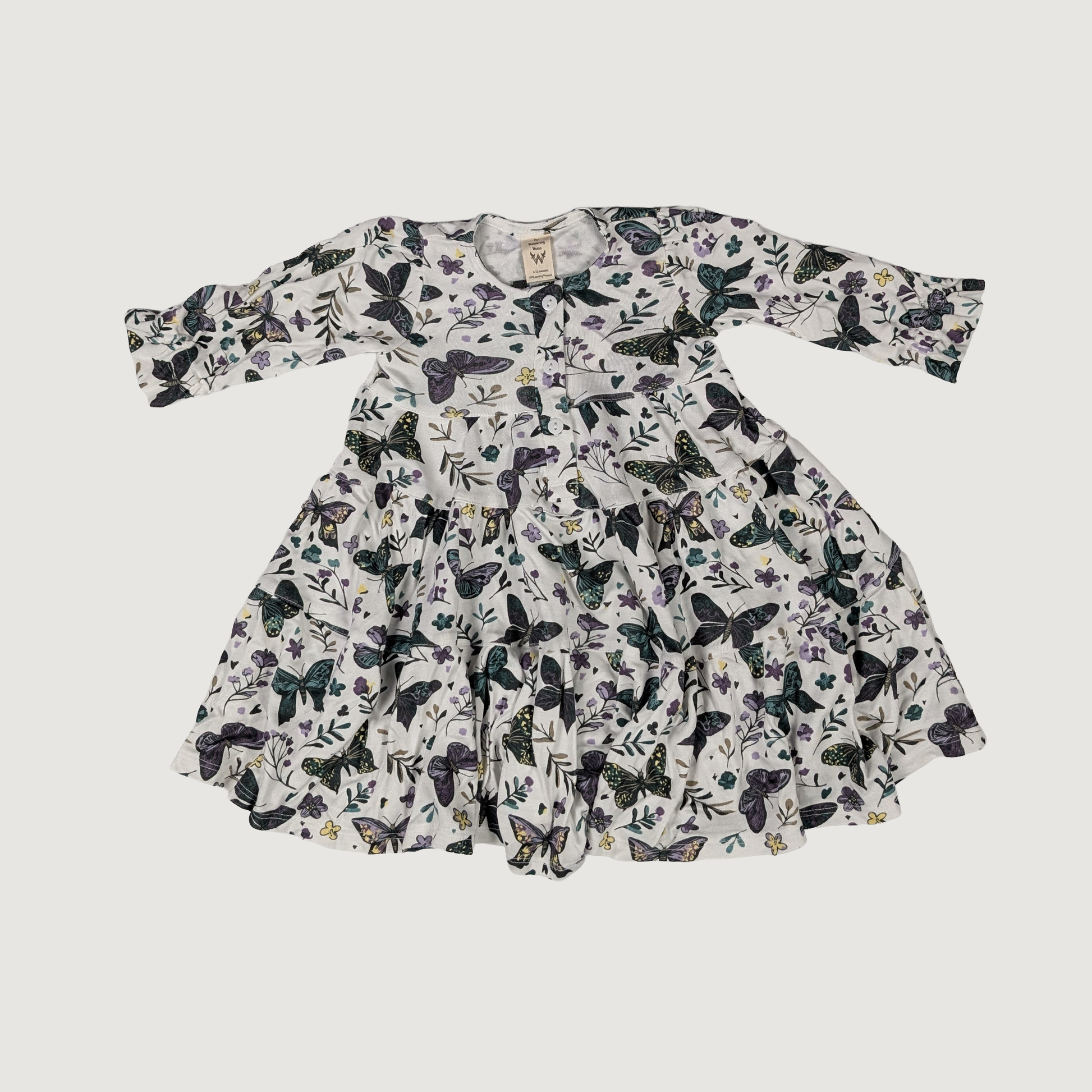 Anne dress with a pattern of dark butterfly floral henley long sleeve kids dress
