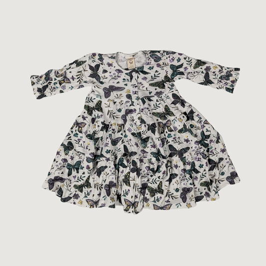 Anne dress with a pattern of dark butterfly floral henley long sleeve kids dress