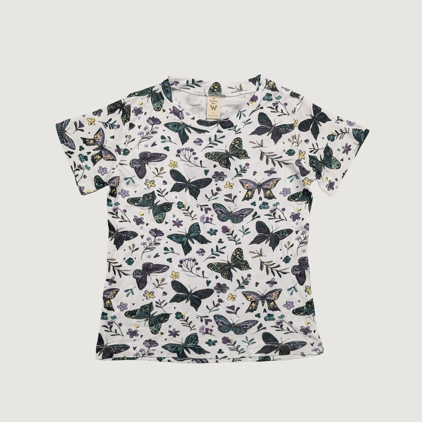 TENCEL Modal Kids T-shirt with dark butterfly pattern on a white background