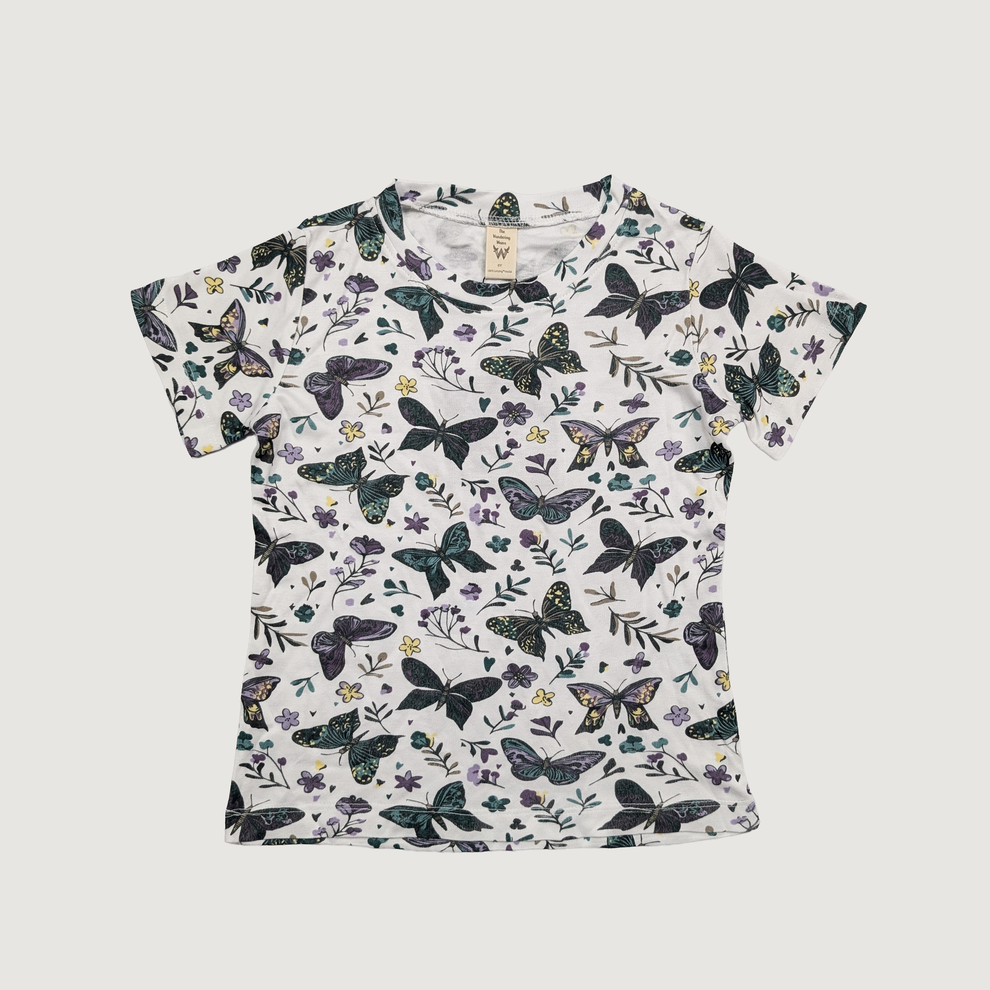 TENCEL Modal Kids T-shirt with dark butterfly pattern on a white background