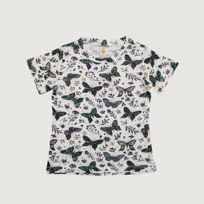 TENCEL Modal Kids T-shirt with dark butterfly pattern on a white background