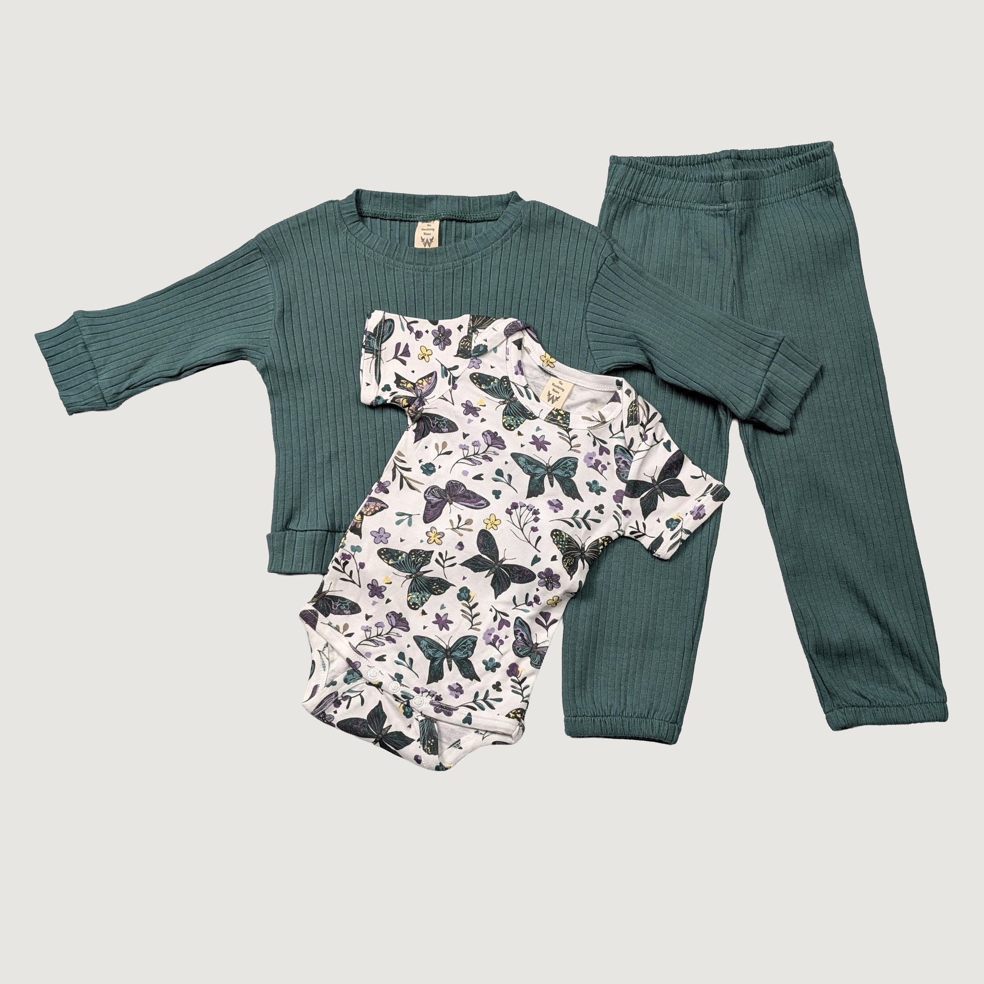 Baby outfit set with green long-sleeve shirt, butterfly onesie, and green pants organic cotton oliver set