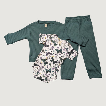 Baby outfit set with green long-sleeve shirt, butterfly onesie, and green pants organic cotton oliver set