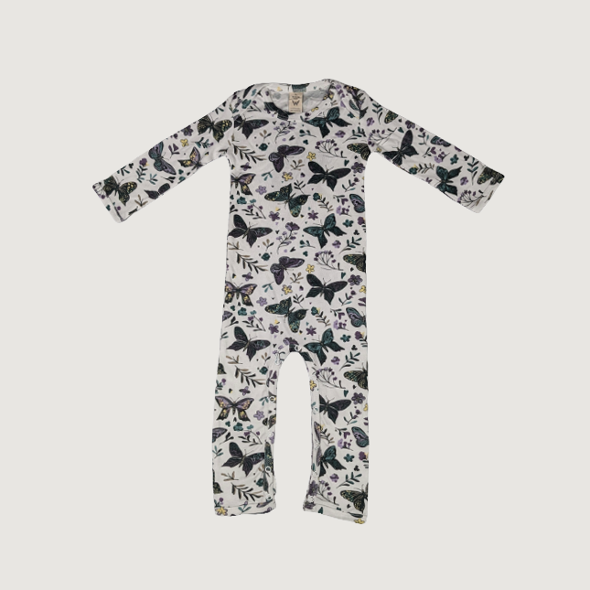 Baby jumpsuit with butterfly pattern on a white background