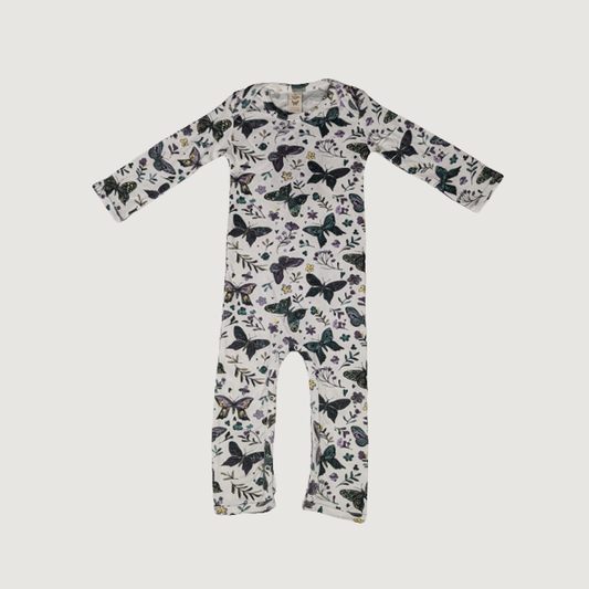 Baby jumpsuit with butterfly pattern on a white background